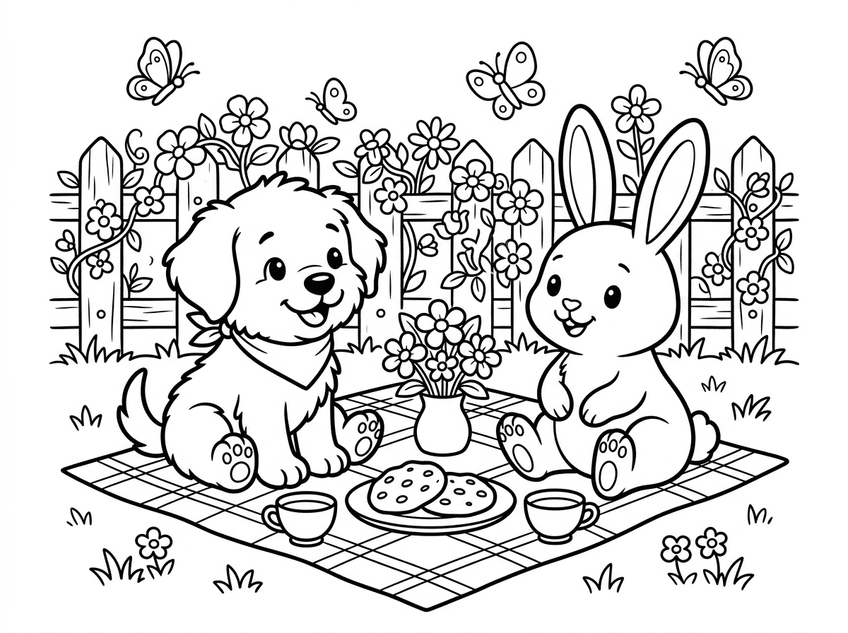 כלבלב רך ופרוותי ושפן לבן עם אוזניים ארוכות יושבים יחד על שמיכת פיקניק ומשתפים ארוחה. ביניהם צלחת עם עוגיות, כוסות תה קטנות וזר פרחים. שניהם מחייכים זה לזה בידידות, ברקע גינה עם גדר פרחונית ופרפרים.