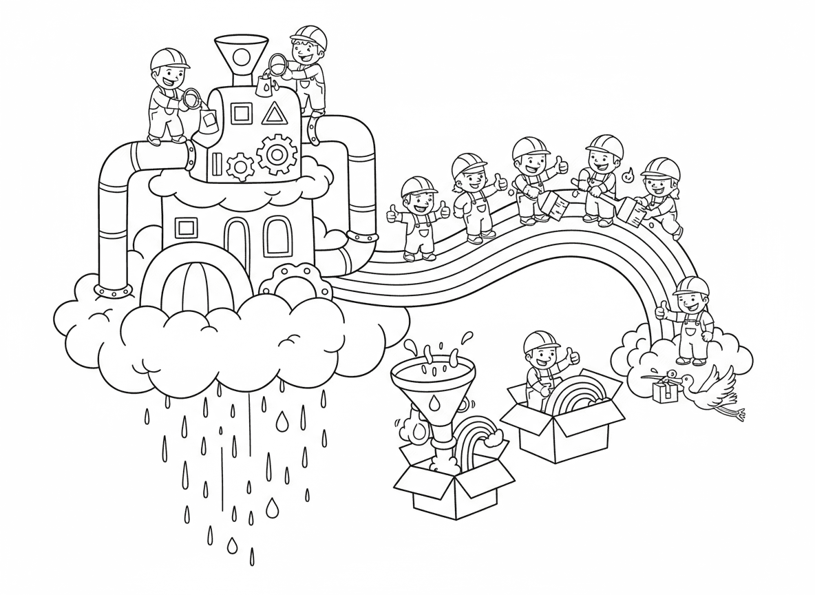 מפעל קשתות בשמיים - מפעל מעל העננים מייצר קשתות בענן, עובדים שופכים דליי צבע למכונת קשת, בקרת איכות בודקת צבעים, אורזים קשתות בקופסאות ענן, משלוח בחסידה, וגשם כחומר גלם