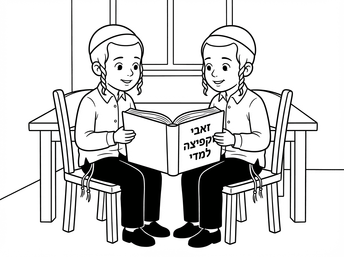 "זאבי וקפיצה למדי יחד, הציור של שני הילדים החסידים יושבים ומדברים, חומש וכתוב זאבי וקפיצה למדי"