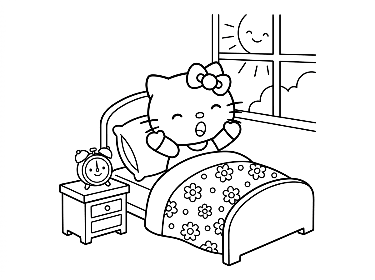 הלו קיטי יושבת במיטה עם שמיכה פרחונית מכסה חלק מגופה, מפהקת בחמידות עם ידיים מותחות כלפי מעלה. כרית רכה מאחוריה, שעון מעורר על השידה ואור בוקר חודר מהחלון. סגנון רך ומתוק עם קווים עדינים.