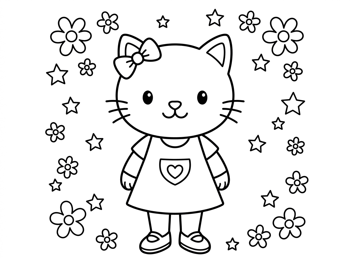 הלו קיטי עומדת בפוזה קלאסית חזיתית עם סרט על האוזן השמאלית, שמלה פשוטה עם כיס לב ונעליים קטנות. ידיה לצדדיה בתנוחה ידידותית ומזמינה, סביבה מסגרת של פרחים וכוכבים. סגנון נקי וקלאסי של הלו קיטי עם קווים ברורים.