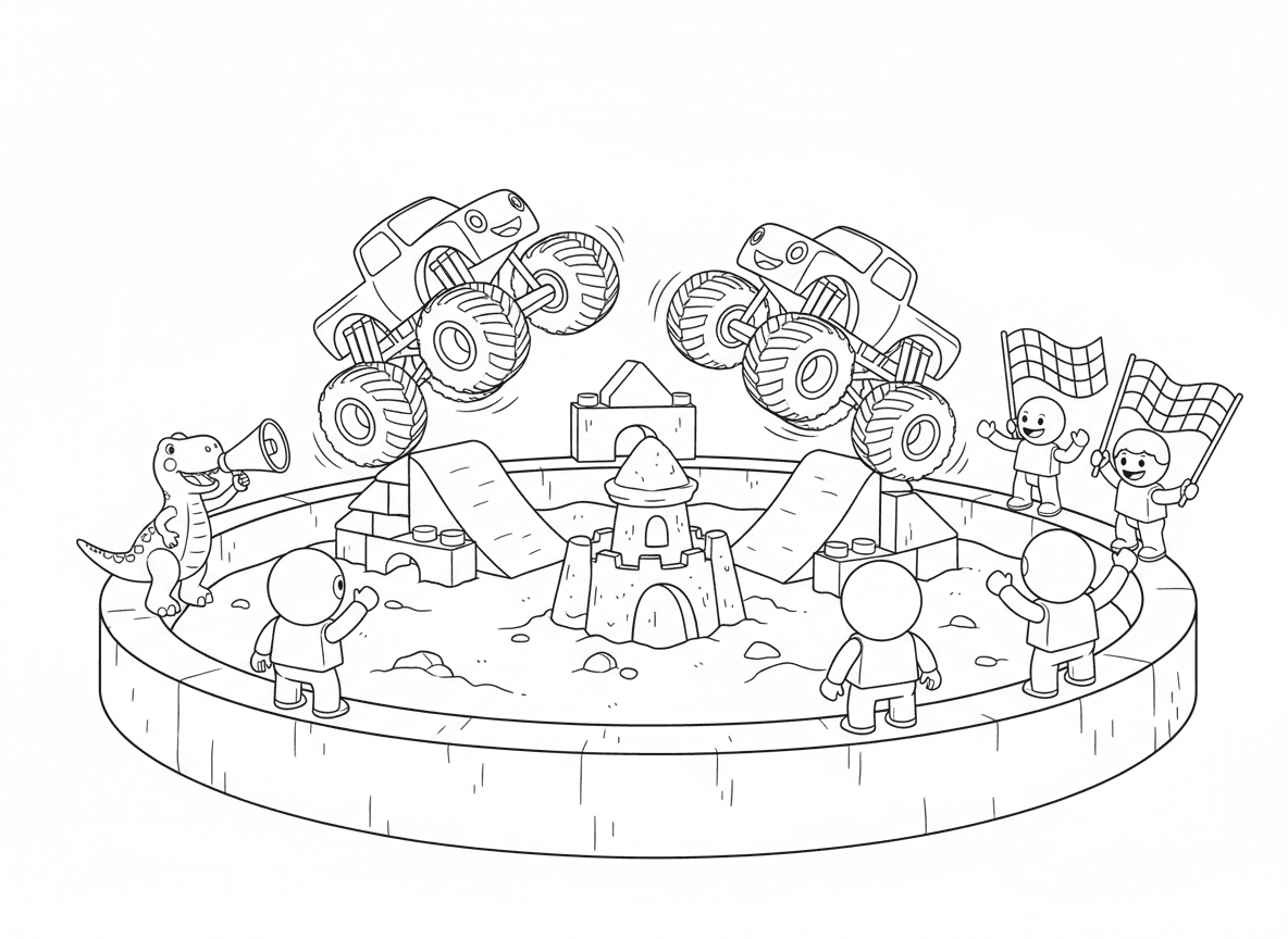 מופע מונסטר טראק בארגז חול - משאיות מפלצת צעצוע קופצות בארגז חול, דמויות פעולה כצופים, רמפות מקוביות בנייה, דינוזאור פלסטיק כקריין, אזור ריסוק ארמונות חול, ומנופפי דגלי צעצוע