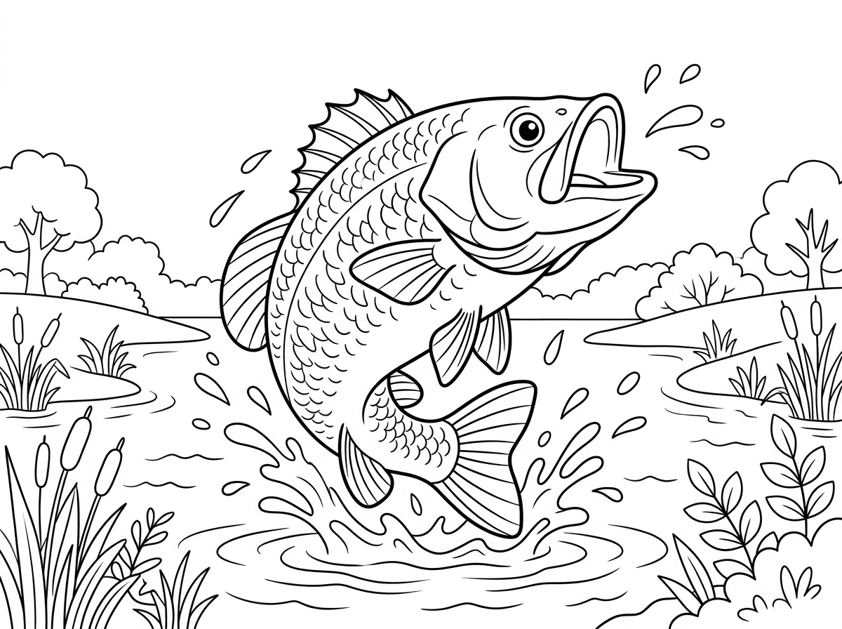 דג בס גדול ומרשים קופץ מהמים עם פה פתוח, טיפות מים מתעופפות סביבו. הקשקשים שלו מפורטים ומבריקים, והסנפירים פרושים בתנועה דינמית. סגנון ציור ריאליסטי-מעט עם קווים מפורטים שמדגישים את הקשקשים והסנפירים, רקע של אגם שקט עם צמחיית מים.