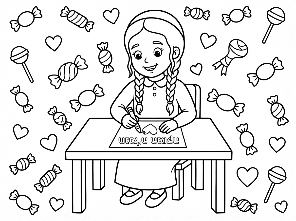 ילדה חסידית מתוקה מציירת ציור שכתוב בו חנהל׳ה המתוקה. ברקע הרבה סוכריות ולבבות