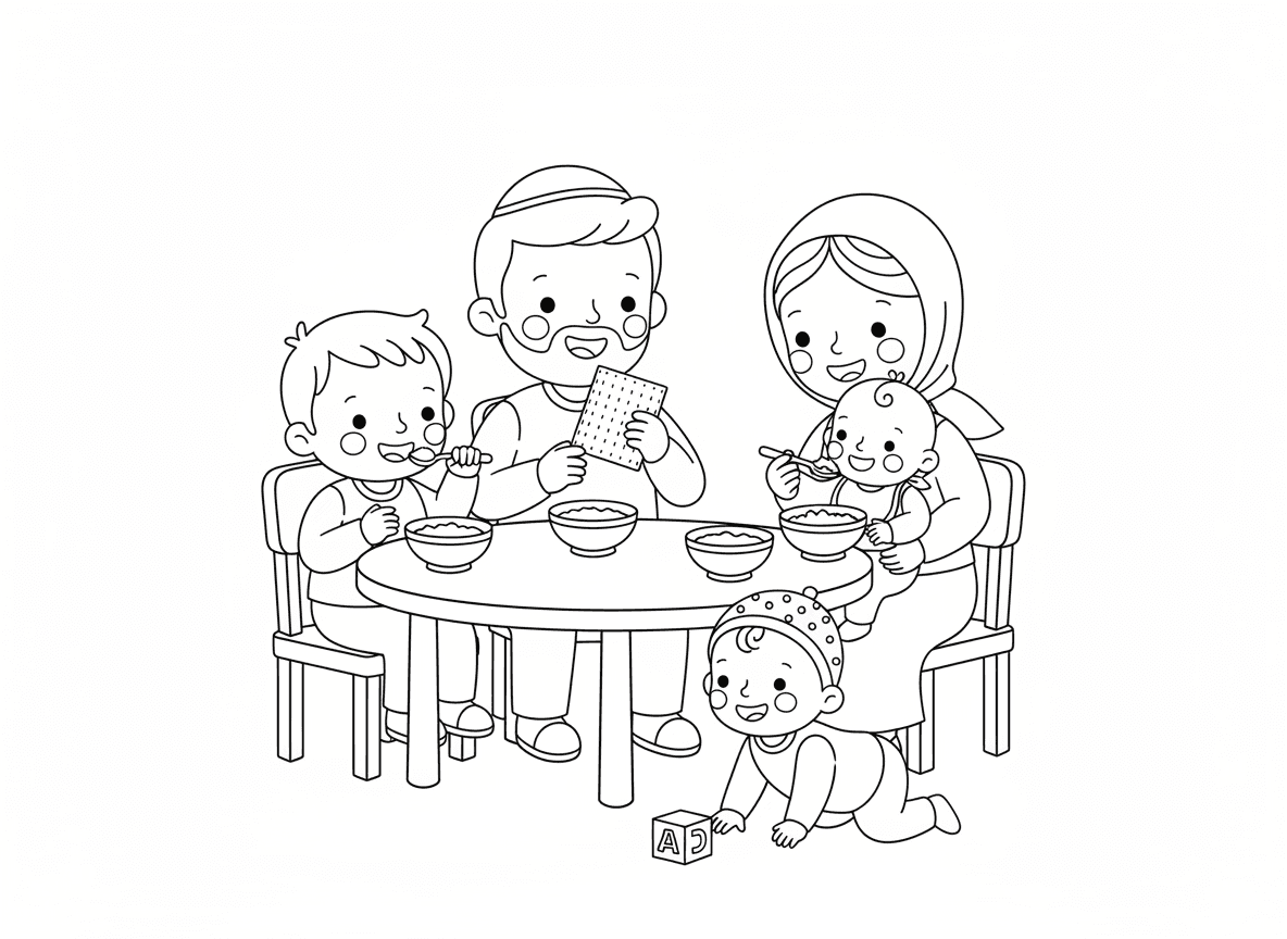 נשמח לדף צביעה של ילדים יושבים ליד השולחן ואוכלים מתוך קערה ואבא חובש כיפה ואוכל מצה ותינוק יושב על אמא שלו ואוכל דייסה, האמא עם מטפחת. וגם תינוקת עם כובע זוחלת על הרצפה