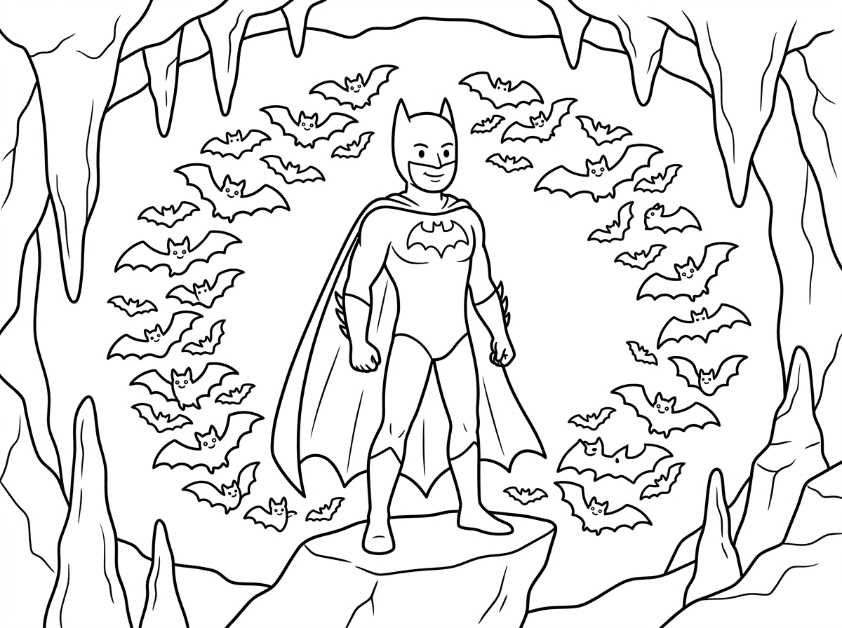 באטמן עומד בתוך מערה חשוכה מוקף בעשרות עטלפים שעפים סביבו בכל הכיוונים. העטלפים בגדלים שונים יוצרים מערבולת סביב באטמן שעומד רגוע במרכז עם גלימה פרושה, והמערה מעוטרת בסטלקטיטים וסטלגמיטים.