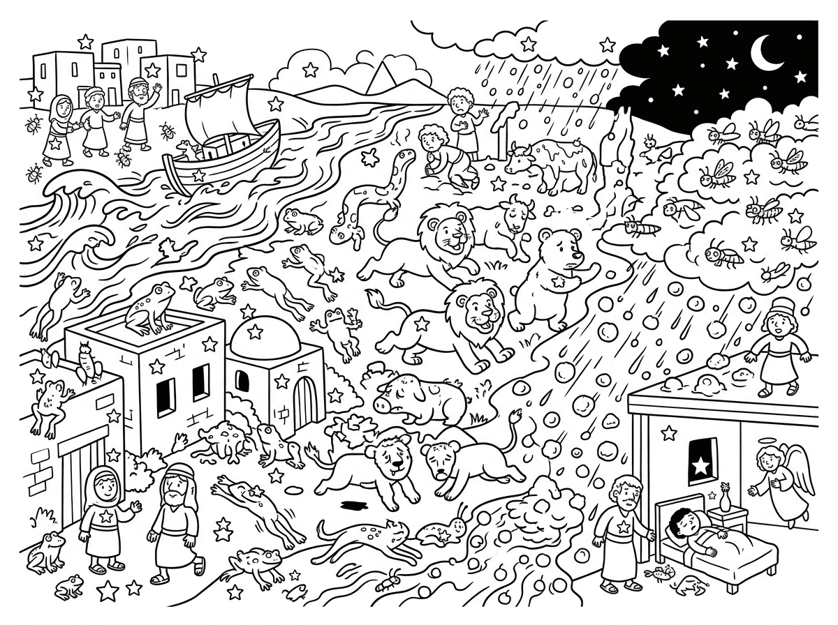 תיצור  לי דף בנושא 10 המכות שהיו על המצרים במצריים. בסגנון  איורי קומיקס  לילדים. עם הרבה מאד פרטים קטנים.
ובינהם שיופיע כ 60 פעמים סימן כוכב זהה מוחבא בתוך הציור . ציור מלא ועמוס בפרטים המתארים את המכות