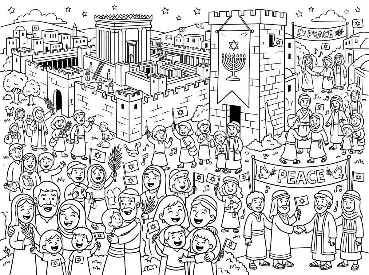 תיצור  לי דף בנושא סימני הגאולה  שיהייו לישראל. בסגנון  איורי קומיקס  לילדים. עם הרבה מאד פרטים קטנים.
ובינהם שיופיע כ 60 פעמים סימן דגל משיח  זהה מוחבא בתוך הציור . ציור מלא ועמוס בפרטים המתארים את הסימנים והשמחה בגאולה