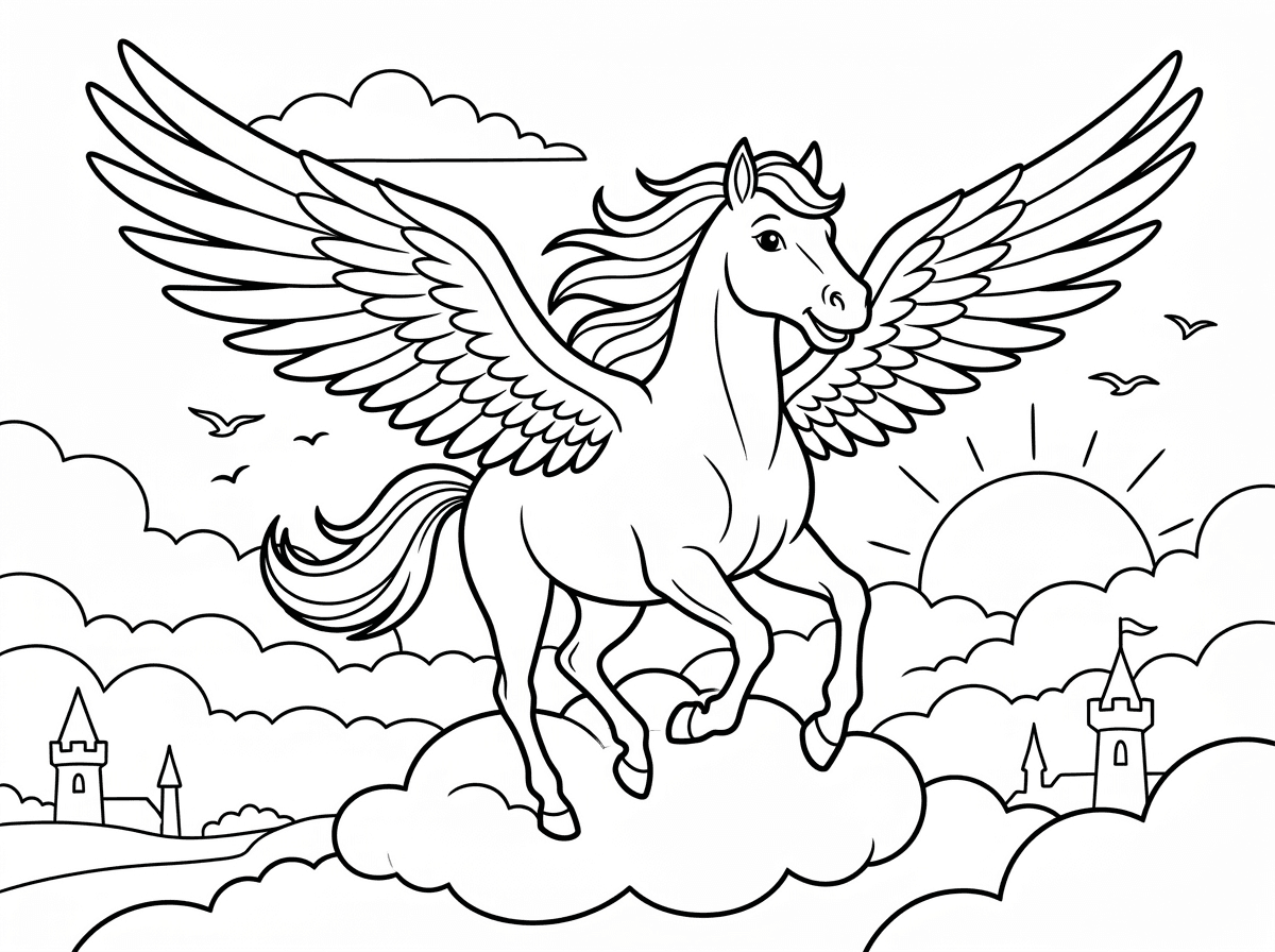 פגסוס מלכותי עם כנפיים ענקיות פרושות לרווחה דוהר באוויר בין עננים לבנים, רעמתו מתנופפת ברוח וגופו השרירי במתח של דהירה. הכנפיים מפורטות עם נוצות בודדות, והפרסות שלו נוגעות בענן. ברקע שמיים עם שקיעה דרמטית, ציפורים מעופפות לצידו ומגדלי טירה רחוקים למטה.