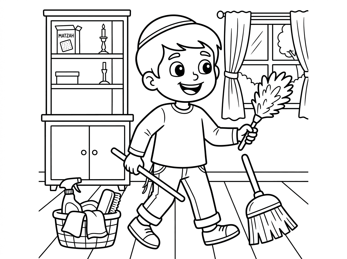 ‏היי יכול לייצר לי ציור של ילד חמוד מסדר את הבית לפסח בקריקטורה