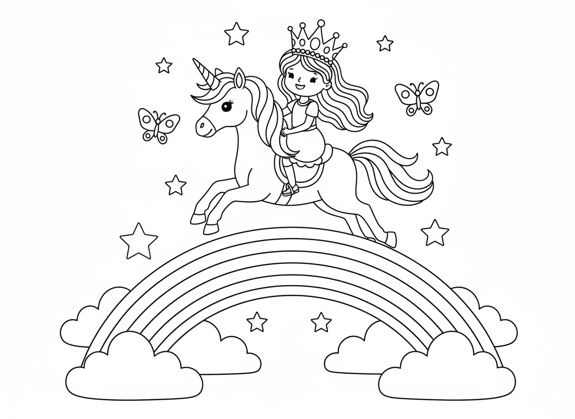 נסיכה רוכבת על חד קרן דרך קשת בענן - נסיכה צעירה עם שיער מתנופף וכתר נוצץ רוכבת על חד קרן מרהיב שדוהר על גשר קשת, כוכבים ופרפרים סביבם, עננים רכים מתחת