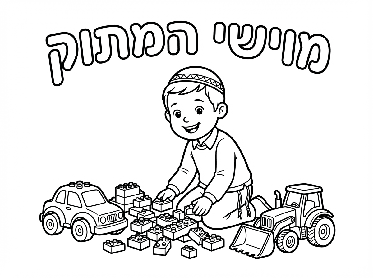 ועוד דף
בו יהיה כתוב
מוישי המתוק הוא עם כיפה וציצית
ומסביב כל מיני צעצועים לגו מכונית טרקטור