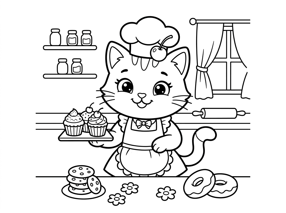 הלו קיטי מחזיקה מגש קטן עם קאפקייקס מקושט בקרם ודובדבן על הראש, מחייכת בגאווה עם סינר מטבח חמוד. סביבה עוד מאפים על שולחן: עוגיות, דונאטס ופרחי סוכר. סגנון מאפייה חמוד עם פרטי קישוט.