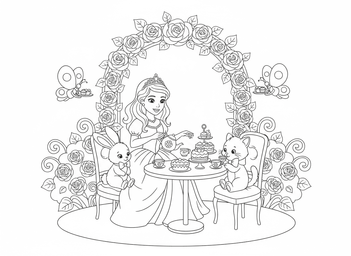 מסיבת תה של נסיכה בגן ורדים - נסיכה מארחת מסיבת תה לחברות החיות שלה בגן ורדים יפהפה, ארנבון וחתלתול כאורחים, עוגות זעירות וקומקומים, שער כניסה מוורדים, פרפרים כמלצרים