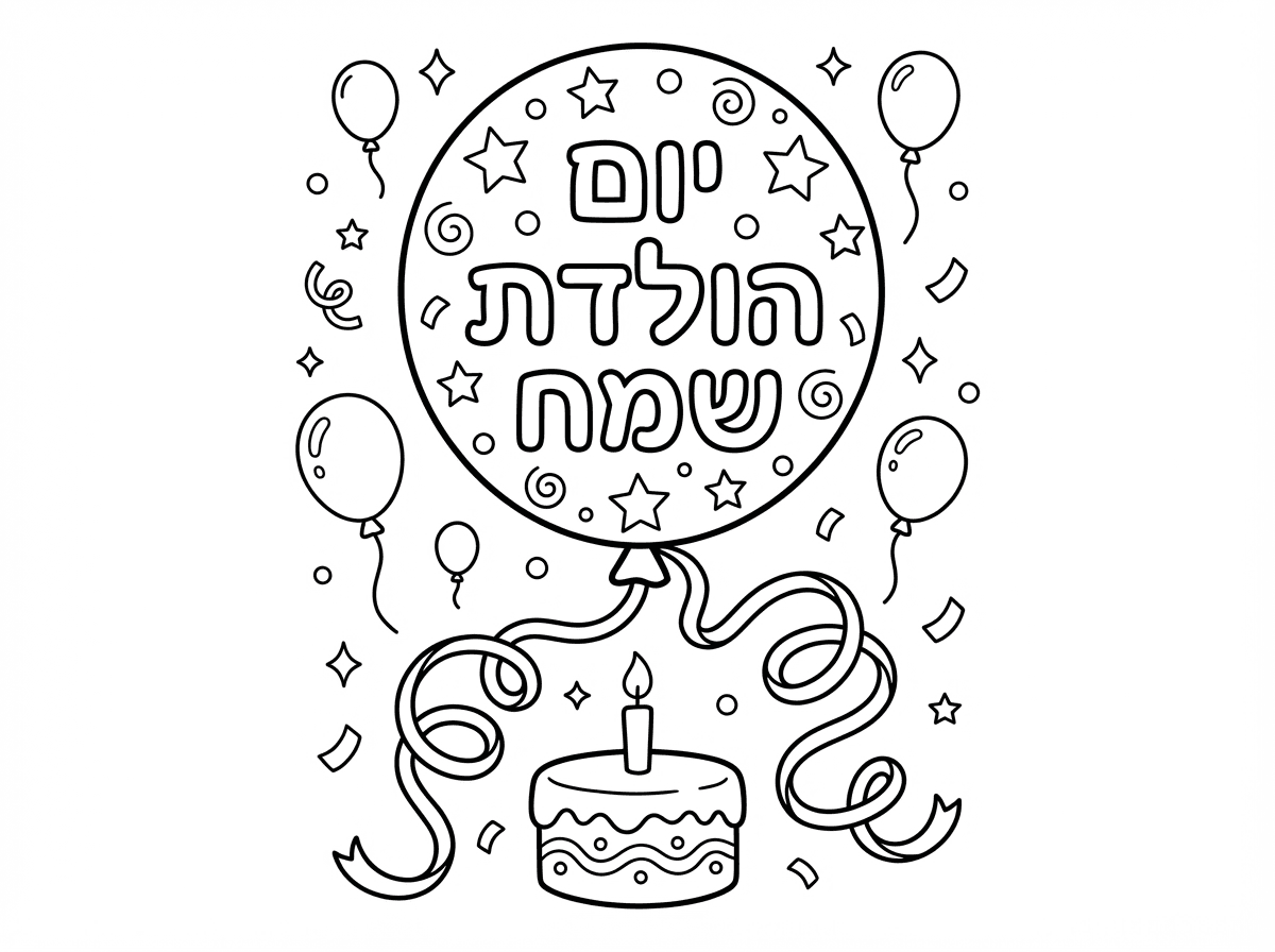 בלון גדול ועגול עם הכיתוב ""יום הולדת שמח"" מעוטר בכוכבים וקונפטי. הבלון קשור בסרט מתולתל ארוך ומרחף מעל עוגה קטנה עם נר. סביבו בלונים קטנים יותר ונצנצים. סגנון חגיגי.