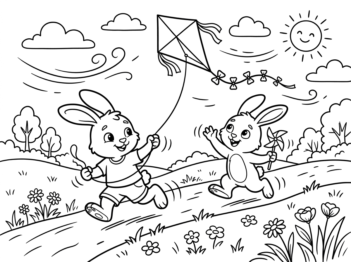 שני ארנבונים שמחים רצים על גבעה ומטיסים עפיפון שמתנופף ברוח. אחד מחזיק בחוט והשני מנופף בשמחה. סגנון ציור עליז ודינמי עם קווי תנועה ורוח, רקע של שמיים עם עננים לבנים ושמש.
