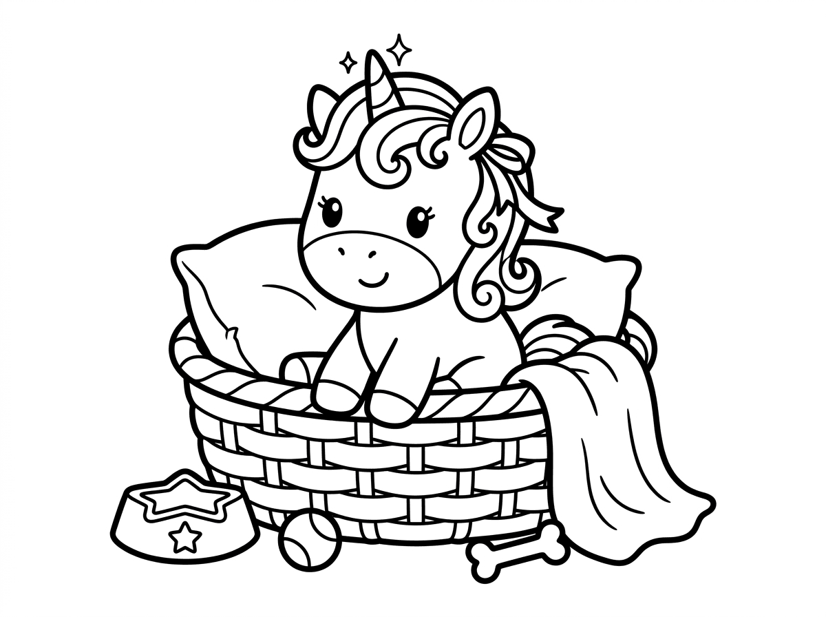 חד קרן זעיר בגודל כלב קטן עם פרופורציות חמודות – ראש גדול, גוף קצרצר ורגליים קטנטנות, יושב בתוך סלסלת נצרים עם כרית רכה. רעמתו מתולתלת ומפונקת עם סרט, וקרנו זעירה ומנצנצת. סביבו צעצועי כלב קטנים, קערת אוכל בצורת כוכב ושמיכה רכה.