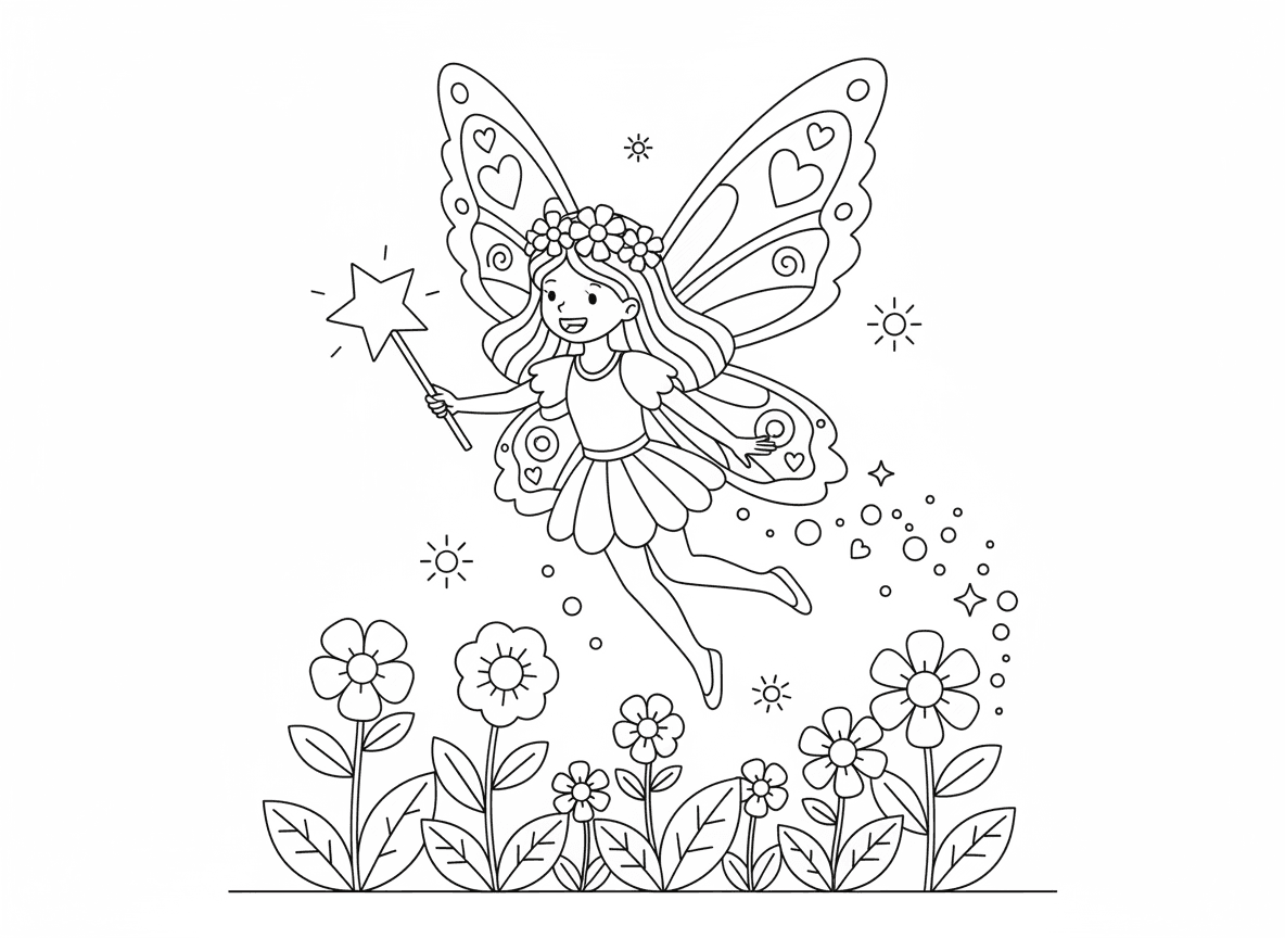 נסיכה פייה עם כנפי פרפר - נסיכה עם כנפי פרפר גדולות ומפורטות עפה מעל אחו פרחים קסום, מחזיקה שרביט כוכב, כתר עשוי פרחים זעירים, גחליליות סביבה, שובל אבקת פיות זוהר