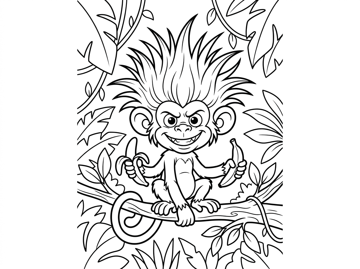 קוף מצחיק בסגנון טרול עם שיער פרוע מזדקר למעלה, אוזניים גדולות ופרצוף שובב עם חיוך רחב שחושף שיניים. הקוף יושב על ענף עץ ואוחז בבננה, זנבו מתפתל סביב הענף. ברקע ג'ונגל טרופי עם עלים גדולים.