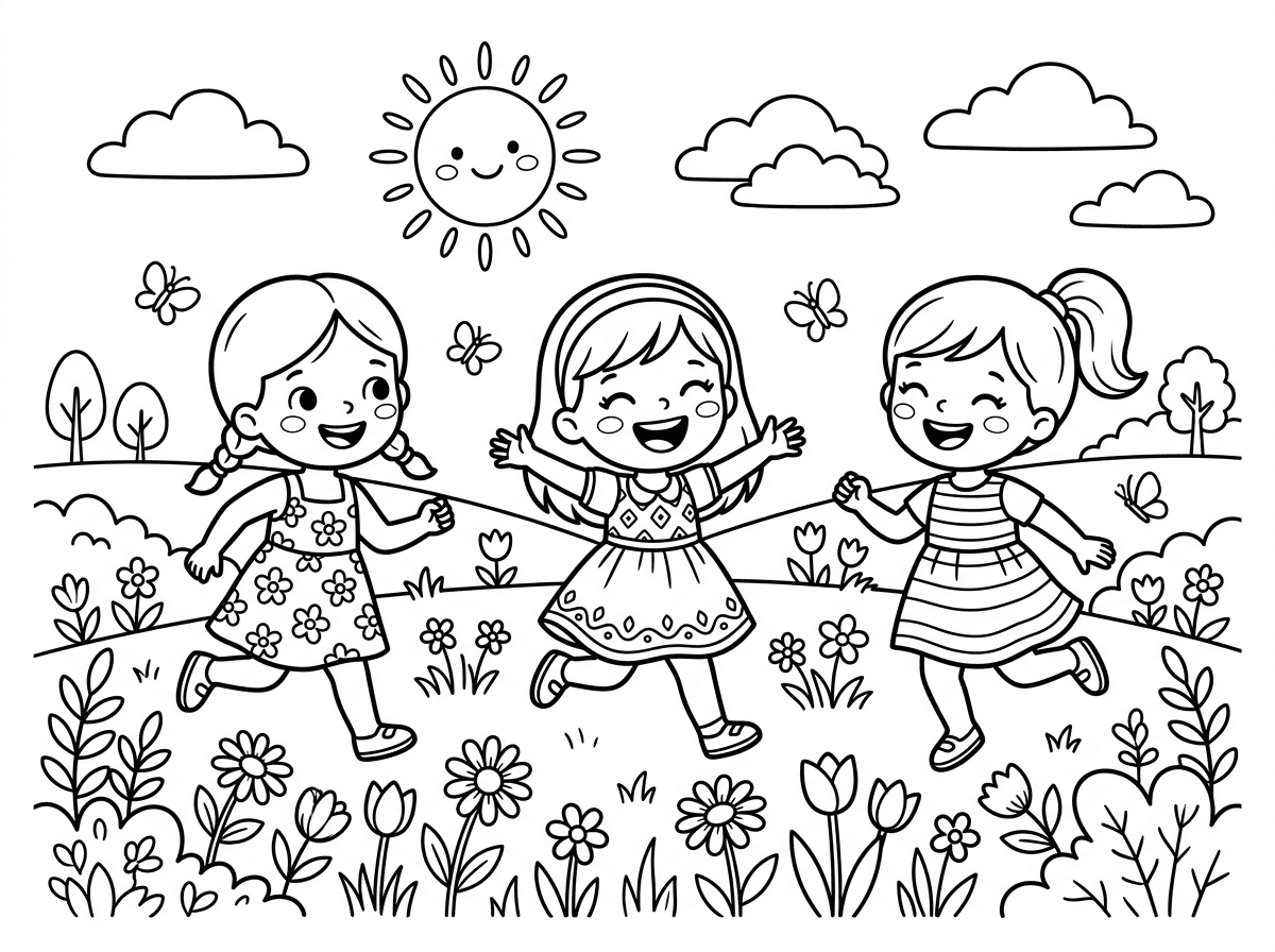 דף על האביב עם פרחים שמש וילדות שמחות עם שמלות