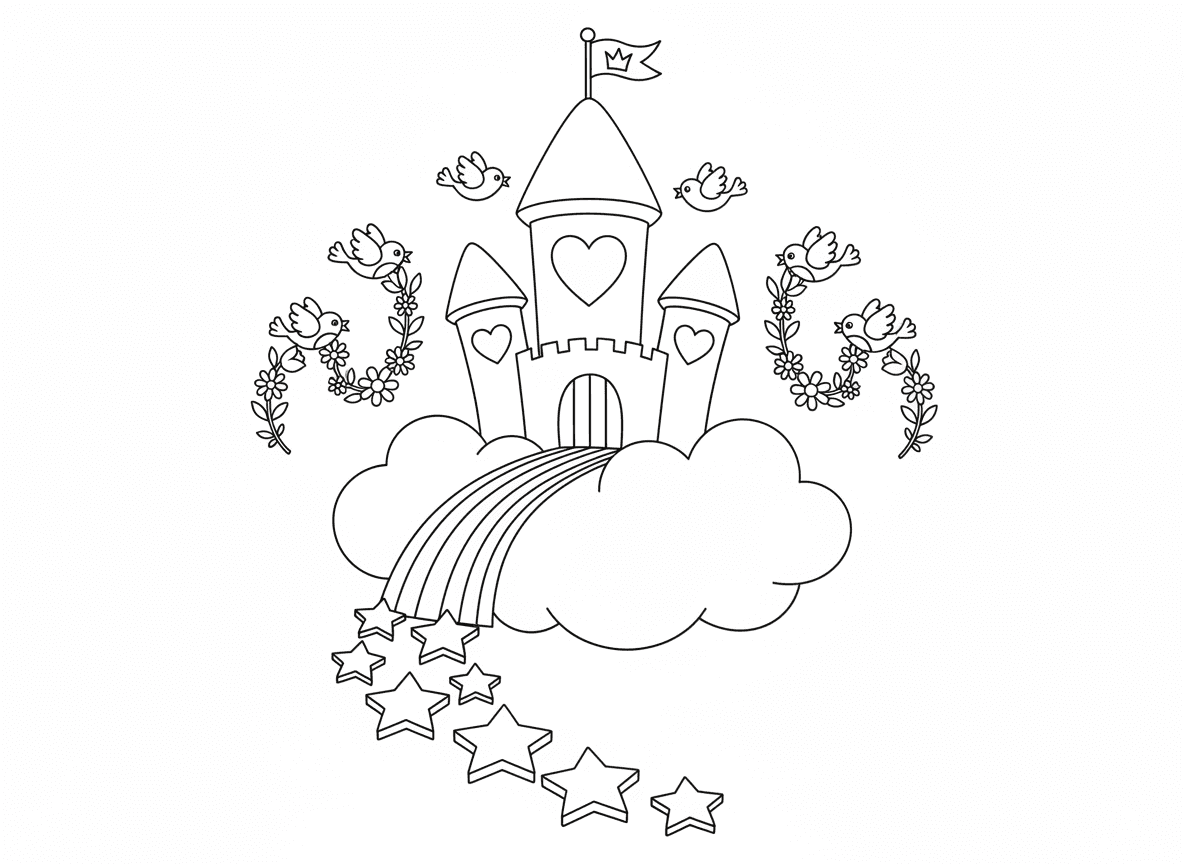 טירת נסיכה על ענן - טירת נסיכה מפוארת מרחפת על עננים רכים, מגדלים גבוהים עם חלונות בצורת לב, דגל עם כתר בראש, גשר קשת בענן, כוכבים כאבני דריכה, ציפורים נושאות זרי פרחים