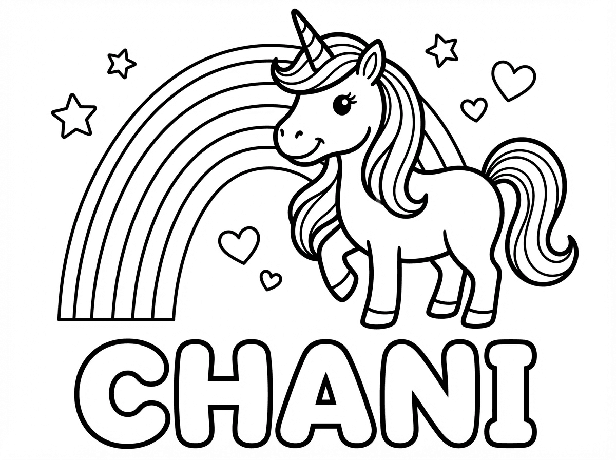 אפשר דף צביעה שכתוב chani עם תמונות של קשת וחד קרן?