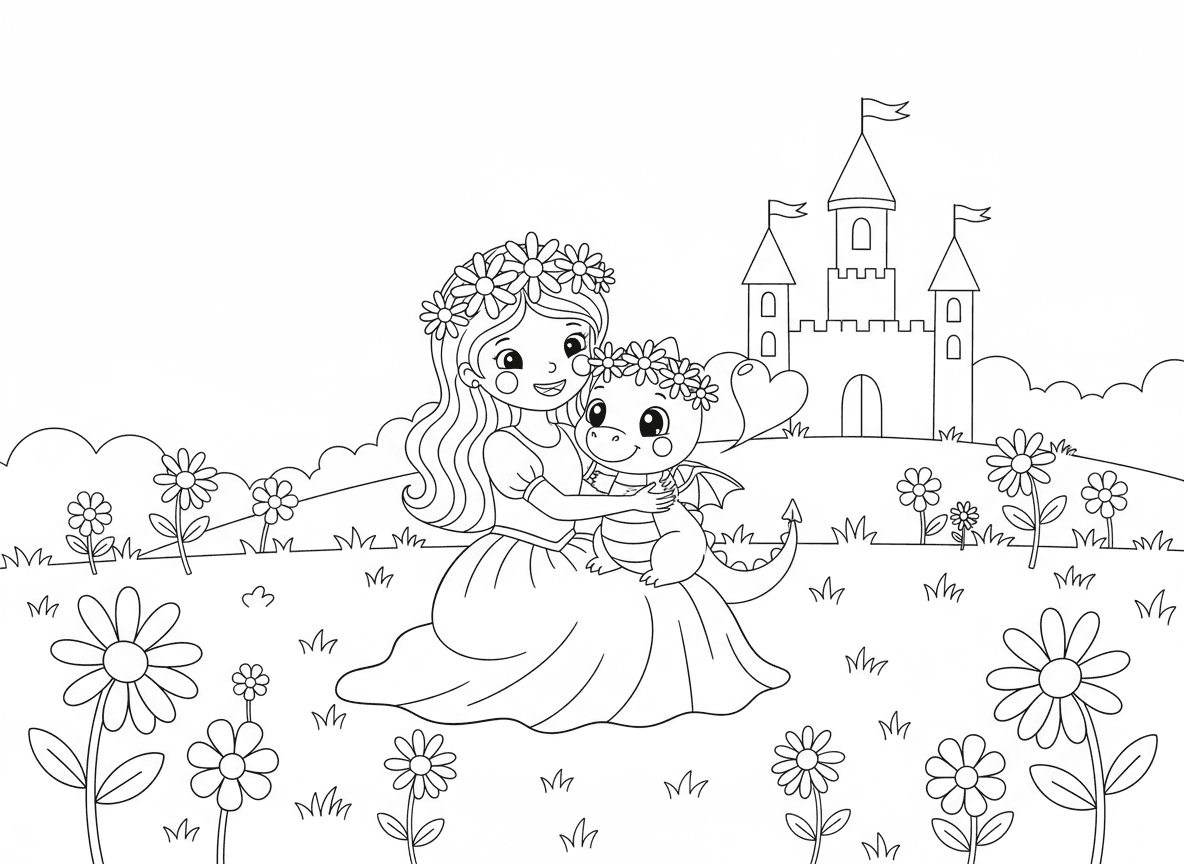 נסיכה והדרקון החבר הכי טוב שלה - נסיכה חמודה מחבקת דרקון תינוק ידידותי קטן, שניהם עם כתרי פרחים תואמים, יושבים באחו מלא חינניות, דרקון נושף עשן בצורת לב, טירה ברקע