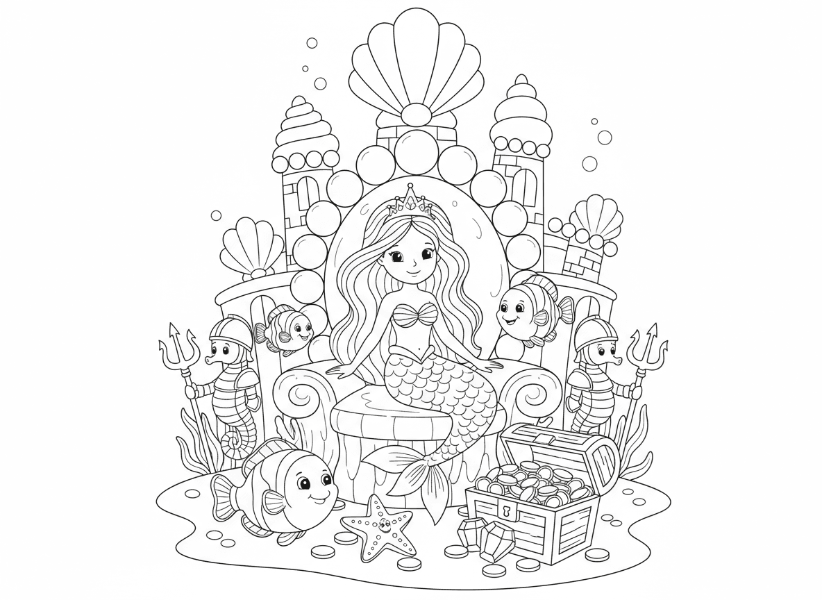 נסיכת בת ים בארמון תת-ימי - נסיכת בת ים עם שיער ארוך מתנופף וכתר צדפים יושבת על כס אלמוגים, מוקפת בחברות דגים, ארמון תת-ימי מפנינים וצדפות, סוסוני ים שומרים, ותיבת אוצר