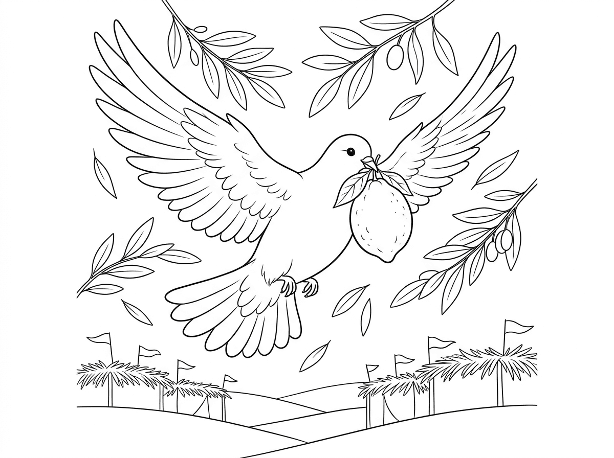 יונה לבנה וחינניתה מחזיקה במקורה אתרוג ושלם, כנפיה פרושות לרווחה בתעופה חינניתה. מסביבה ענפי זית ועלים, ולמטה נוף של סוכות עם סכך ודגלונים. סגנון עדין ושלו עם קווי מתאר זורמים ורכים.