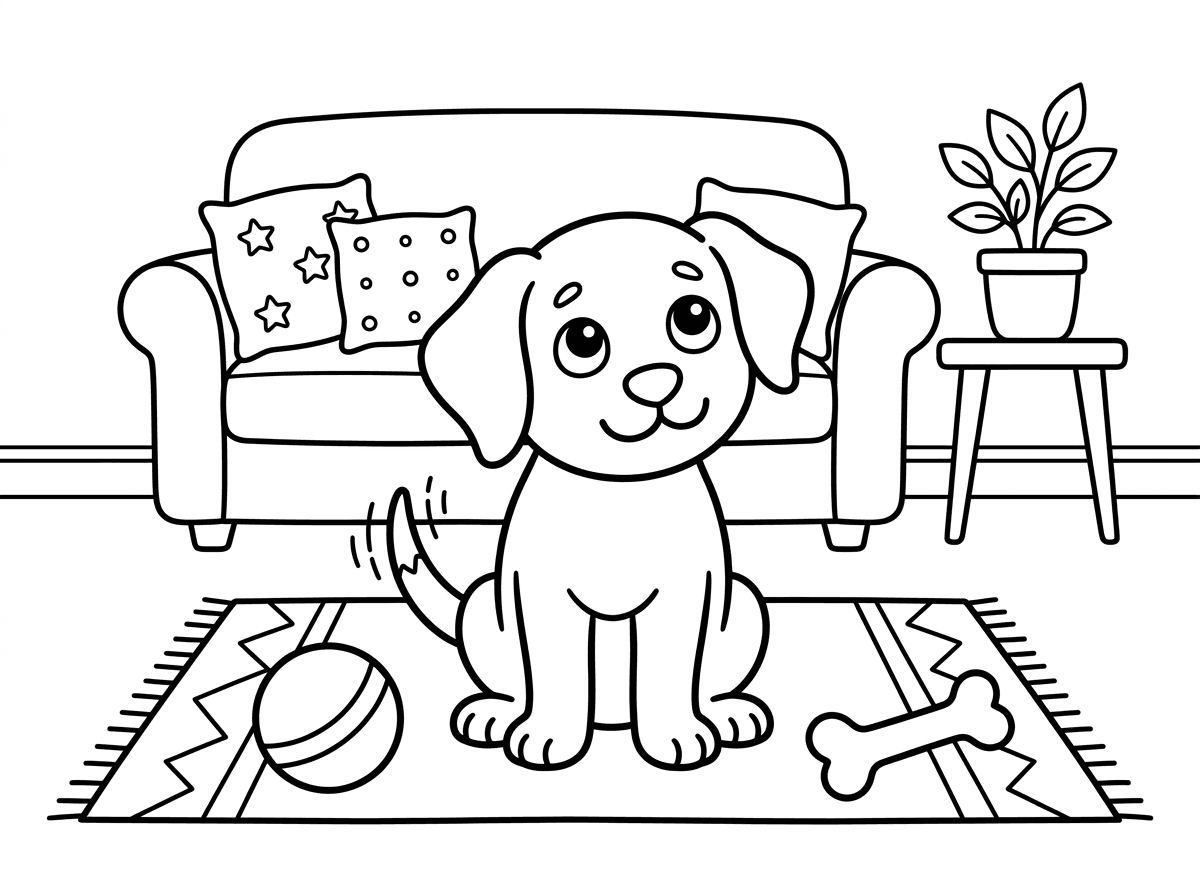 כלב מחמד חמוד יושב על שטיח נעים בסלון, לידו כדור צעצוע ועצם ללעיסה. הוא מביט כלפי מעלה בעיניים מתחננות ומלאות אהבה, וזנבו מכשכש. סגנון ציור חם וביתי עם קווים רכים, רקע של סלון ביתי עם ספה וכריות.