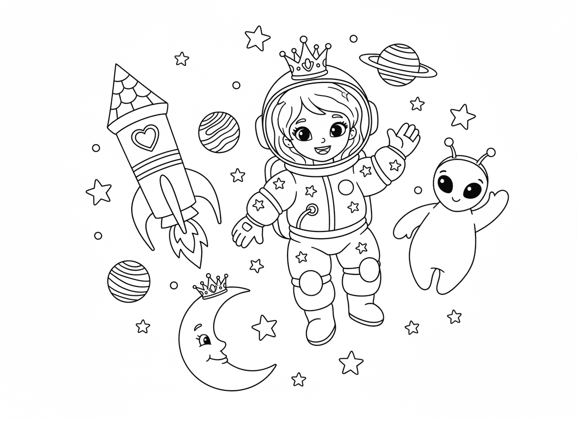 נסיכה אסטרונאוטית בחלל - נסיכה בחליפת חלל נוצצת עם כתר מעל הקסדה, מרחפת בין כוכבי לכת וכוכבים, חללית שלה בצורת מגדל טירה, ירח עם נזר, חברה נסיכה חייזרית מנופפת