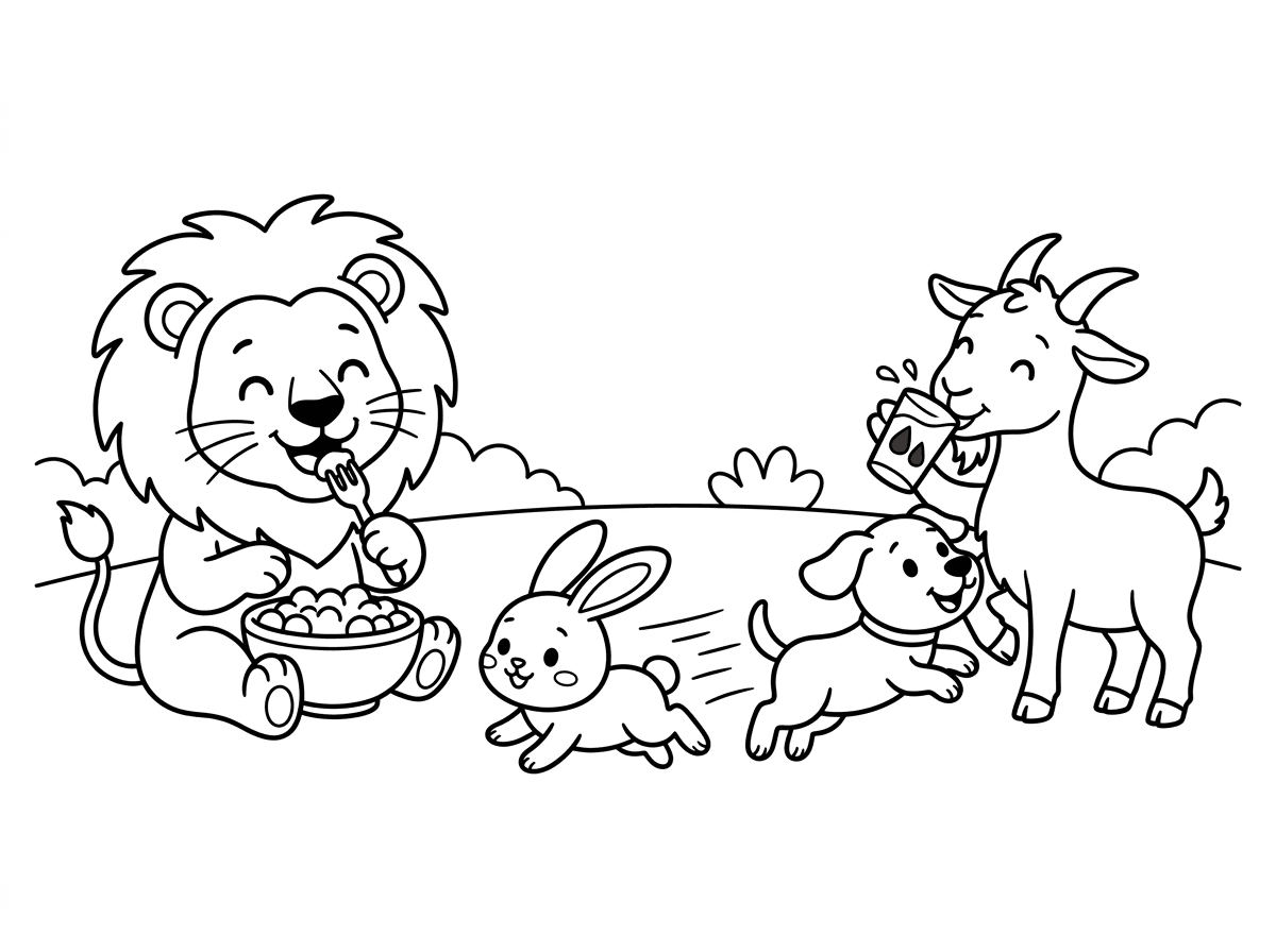 של אריה אוכל ארנב שבורח מכלב שמשחק עם גדי ששותה שוקו