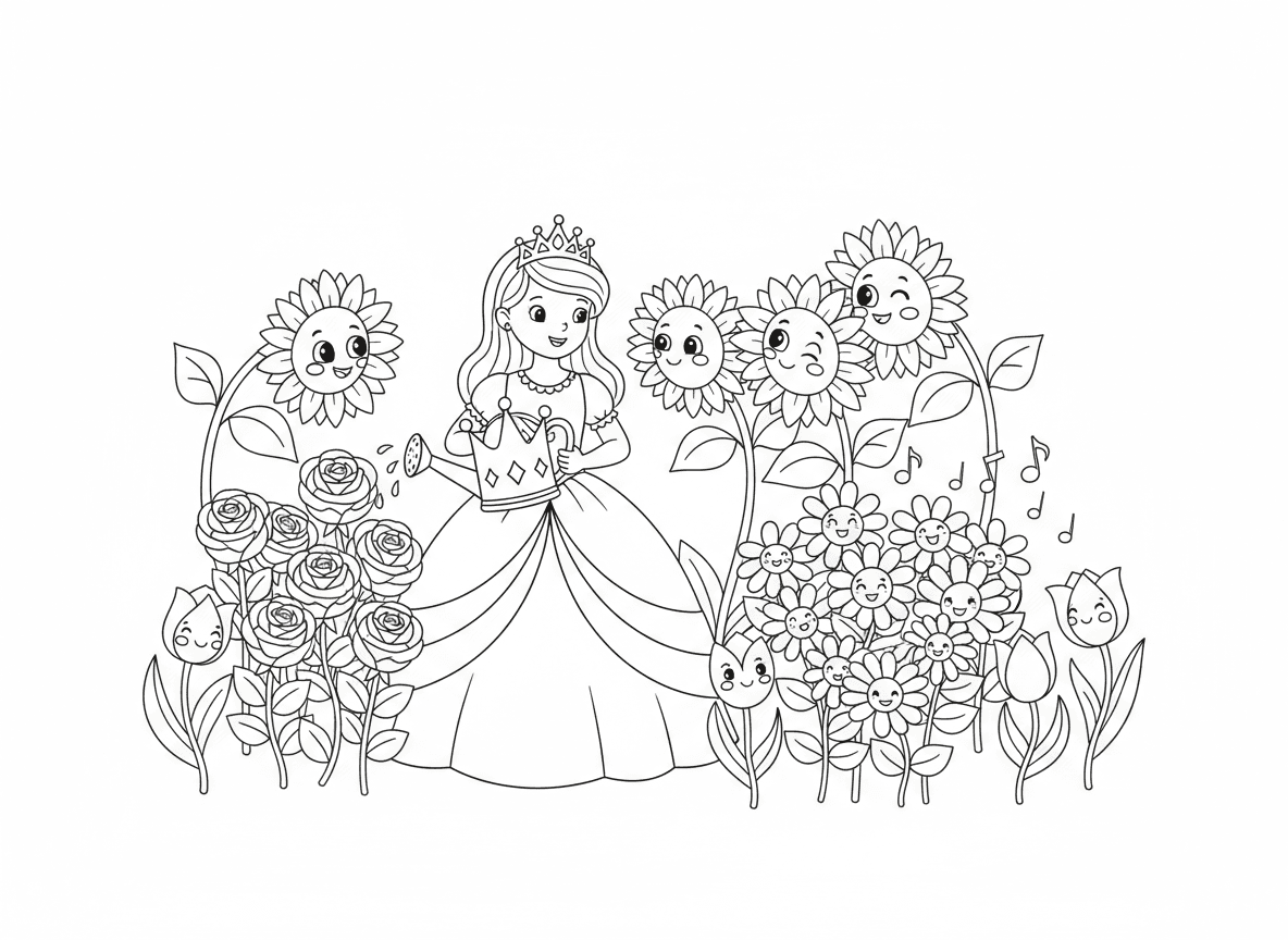 גן הנסיכה עם פרחים מדברים - נסיכה משקה את הגן הקסום שלה שבו לפרחים יש פרצופים חמודים והם מדברים איתה, ורדים מקרקרים, חמניות לוחשות סודות, מקהלת חינניות שרה, צבעונים משתחווים, משפך בצורת כתר