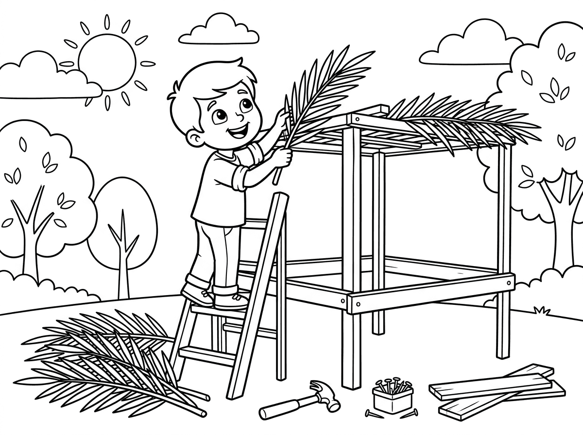 ילד שמח עם חולצה מגולגלת עומד על סולם עץ ומניח ענפי דקל על גבי שלד הסוכה. כלי עבודה מפוזרים סביבו, קרשים ומסמרים, ולידו ערימת ענפים מוכנה להנחה. הבעת פניו מרוכזת ומאושרת, ברקע שמיים ועצים. סגנון איור ילדותי חי ודינמי.