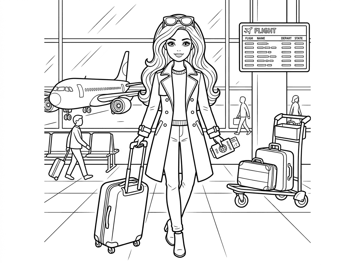 ברבי עומדת עם מזוודה ודרכון ביד, לבושה בלבוש טיסה אופנתי עם משקפי שמש על הראש ומעיל טרנץ׳. ברקע שדה תעופה עם מטוס, עגלת מזוודות ולוח טיסות. סגנון טיול אופנתי וקוסמופוליטי.
