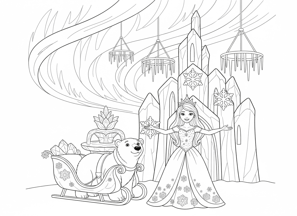 נסיכת הקרח בארמון קרח - נסיכת קרח בשמלה לבנה נוצצת וכתר קריסטל עומדת מול ארמון הקרח שלה, קישוטי פתיתי שלג, מזרקה קפואה, דוב קוטב מושך מזחלת קריסטל, נברשות קרחונים, שמי זוהר צפוני