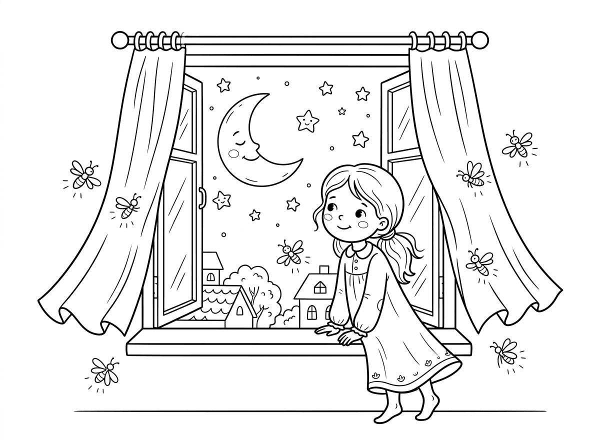 סצנת לילה קסומה עם ילדה קטנה בכתונת לילה עומדת על אדן חלון ומביטה על שמיים מלאי כוכבים וירח סהר זוהר. סביבה גחליליות מאירות ווילונות מתנופפים ברוח הלילה. הסגנון חלומי ורומנטי עם פרטים עדינים.