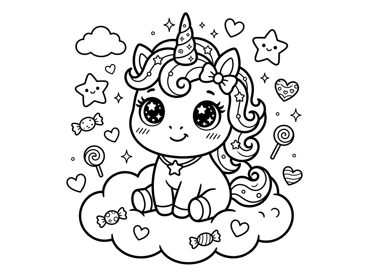 חד קרן בסגנון בובה יפנית קאוואי עם ראש גדול, גוף קטן ועיניים ענקיות ונוצצות עם כוכבים בתוכן. רעמה מתולתלת, קרן קצרה ומנצנצת, ולחיים מחייכות. יושבת על ענן רך מוקפת בלבבות, כוכבים וממתקים מרחפים, בסגנון חמוד ומינימליסטי.