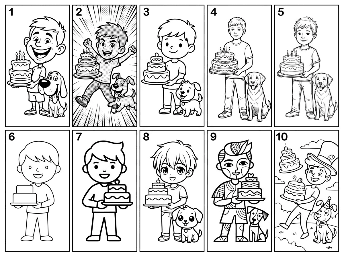 תייצר לי 10 דמות כול אחד מהדמיות בסיגנון ציור שונה : קריקטורה
קומיקס
קרטון (Cartoon)
ריאליזם
סקיצה
איור קווי (Line Art)
איור וקטורי
מנגה
אבסטרקט (מופשט)
סוריאליזם 

של ילד שמח שמחזיק עוגה  עם כלב ליד.