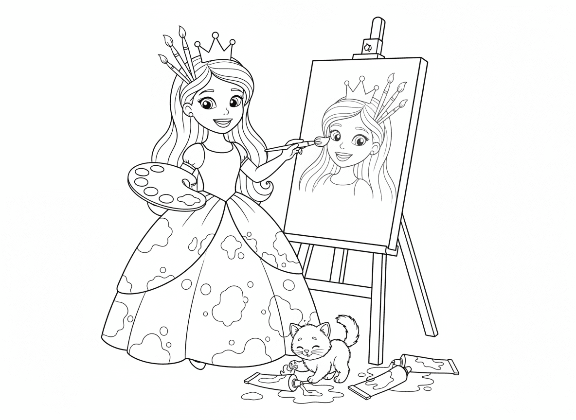 נסיכה מציירת את הדיוקן שלה - נסיכה עומדת מול קנבס גדול ומציירת דיוקן עצמי, פלטת צבעים על הזרוע, מכחולים בשיער ליד הכתר, כתמי צבע חמודים על השמלה, חתלתול משחק עם שפופרות צבע