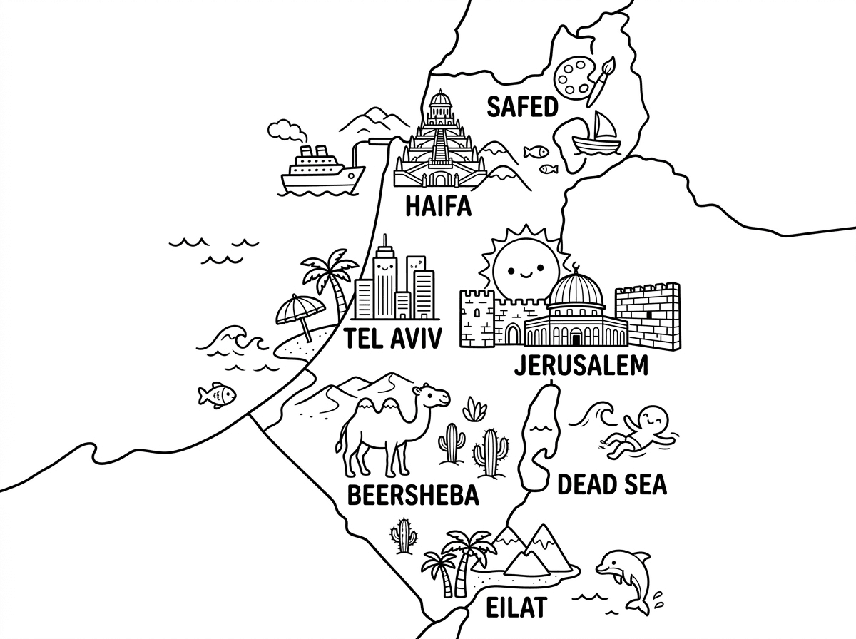 אני רוצה ציור ארץ ישראל עם נקודות לציון עיר חשובה ובולטת
לפי האופי האקלימי שלה וכן לפי המקומות ההסטוריה  שלה. בסגנון קריקטורה .