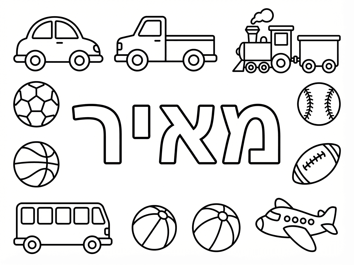 הי אשמח לדף צביעה עם שם וכלי תחבורה וכדורים
עם השם מאיר