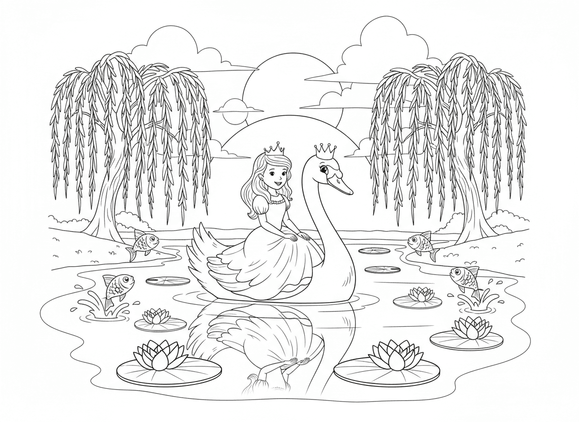 נסיכה רוכבת על ברבור ענק באגם - נסיכה בשמלה מתנופפת רוכבת על ברבור מלכותי ענק חוצה אגם נוצץ, שושנות מים, ערבות בוכייה בחוף, דגים קופצים, כתר משתקף במים, שמי שקיעה