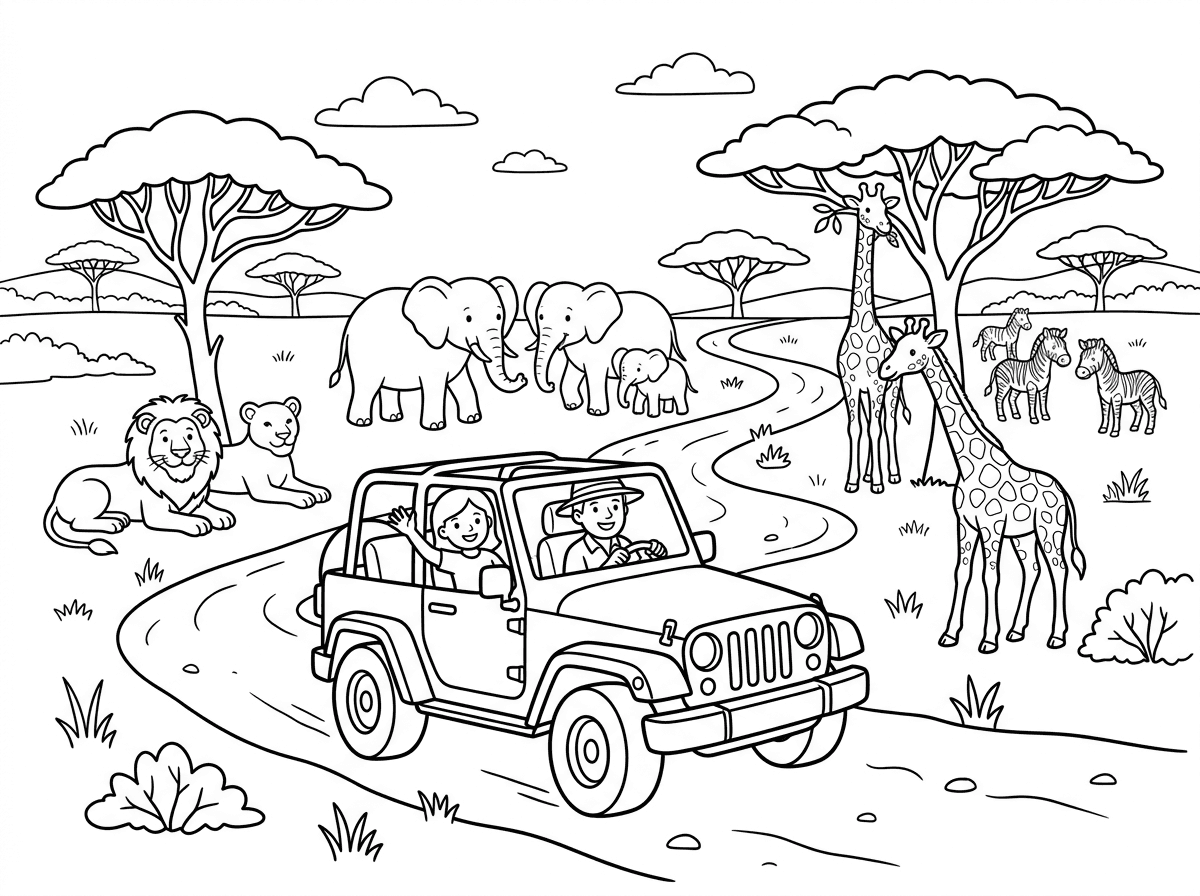 צור לי דף צביעה של ספארי  עם פילים גירפות ואריות וכו ועם גיפ שנוסע בשביל בינהם