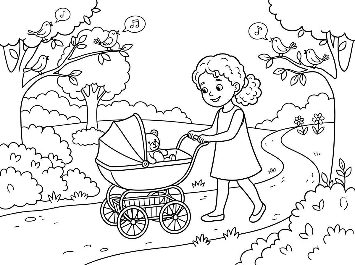 שלום
תיצור לי בבקשה דף צביעה עם ילדה מטולטלת יפהייפיה. מחזיקה עגלה בובה שמעוצבת כממו העגלות ארסל של פעם והיא צועדת בשביל שסביבה שיחים יפים
ומספר עצים עם ציפורים שמצייצות