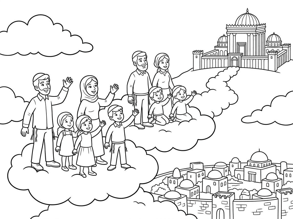 תייצר לי בבקשה אנשים נשים וילדים כולם בלבוש צנוע רובם עם גיפות וציצית נוסעים על עננים דרך ערים לכיוון בית המקדש