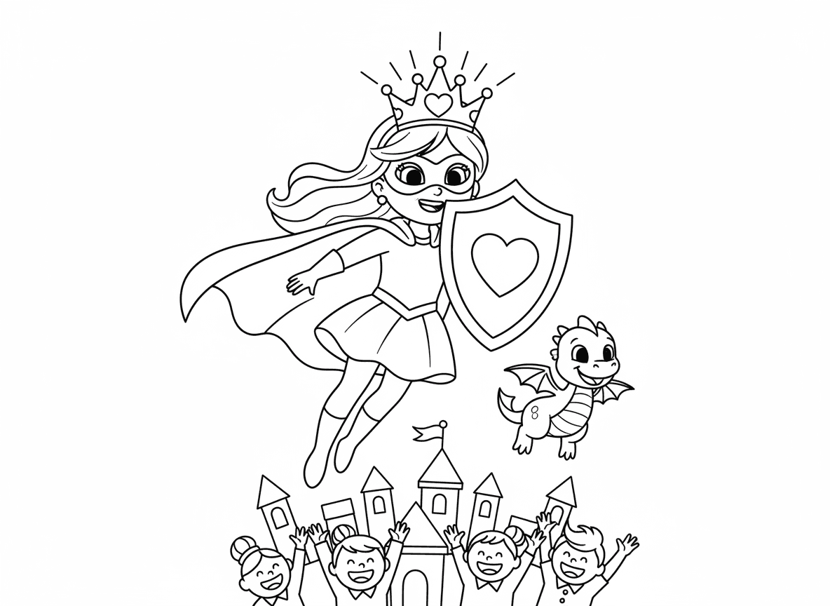 נסיכה גיבורת על מצילה את הממלכה - נסיכה עם גלימה ומסכה נוצצת עפה מעל הממלכה שלה כדי להציל אותה, כתר שמשמש גם כנזר כוח, מגן קסום עם סמל לב, דרקון תינוק כשותף, תושבים מריעים למטה