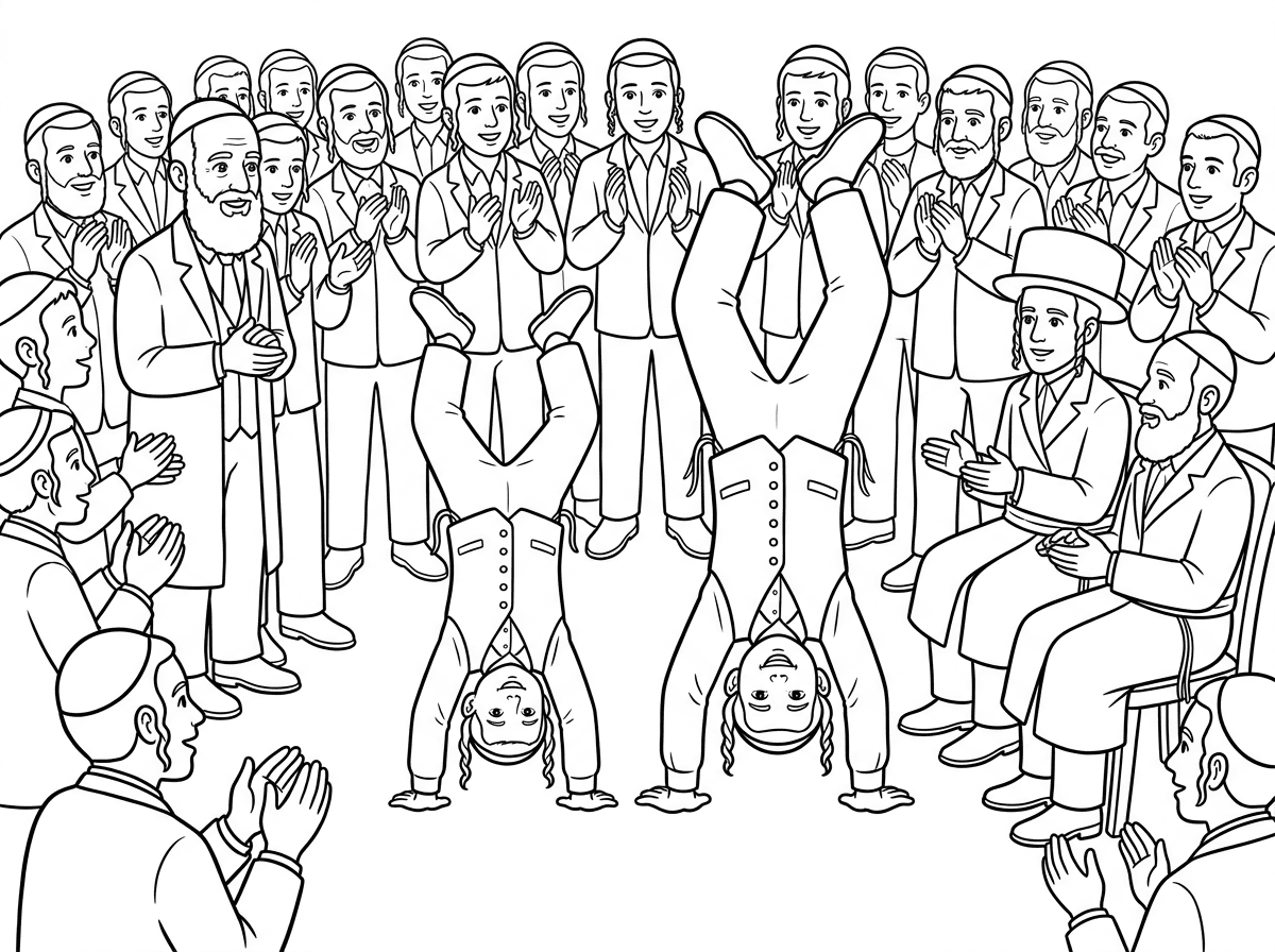 חתן ואבא לא ליד שולחן אבא של הכלה מהצד השני ,הילדים עם פאות קצרות והחתן ללא שטרימל אלא כובע של חבדניק