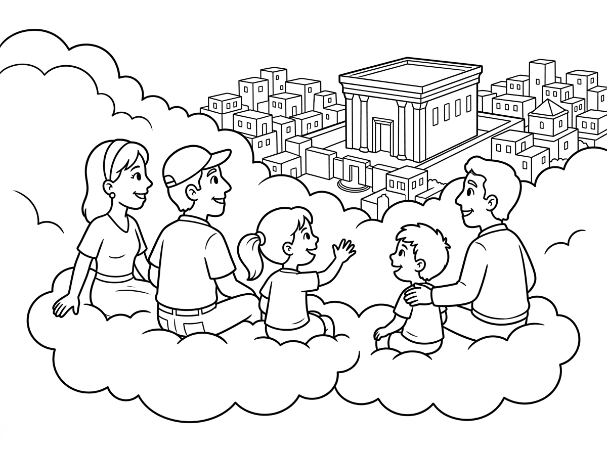 סליחה בבקשה תיקונים: 1. יושבים ומסתכלים על בית המקדש ולא לכיוון אחר 2. לבוש מודרני 3.  יושבים ולא עומדים על העננים