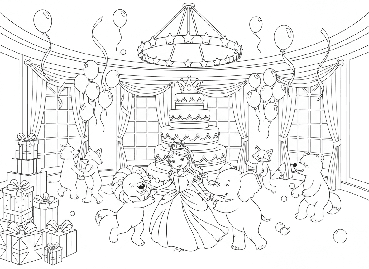 חגיגת יום הולדת לנסיכה באולם נשפים - מסיבת יום הולדת מפוארת לנסיכה באולם נשפים נוצץ, עוגת קומות ענקית עם כתר בראש, בלונים ונחשולים, חיות אורחות רוקדות, נברשת כוכבים, מתנות ערומות גבוה